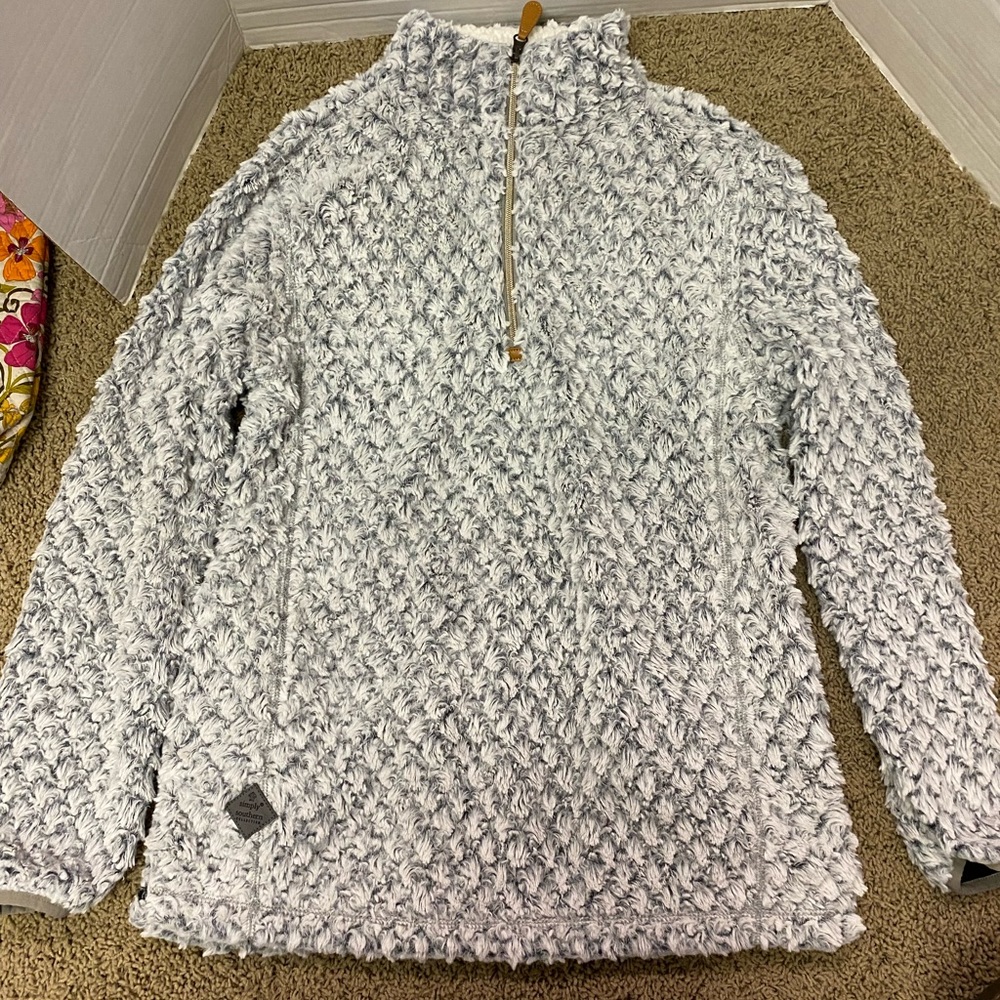 Simply Southern Women's 1/4 Snap Pullover Fleece Sweater Gray White Size Small